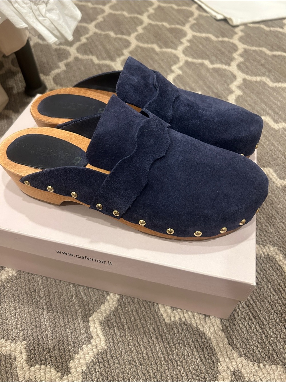 Navy Suede Studded Clog Mules